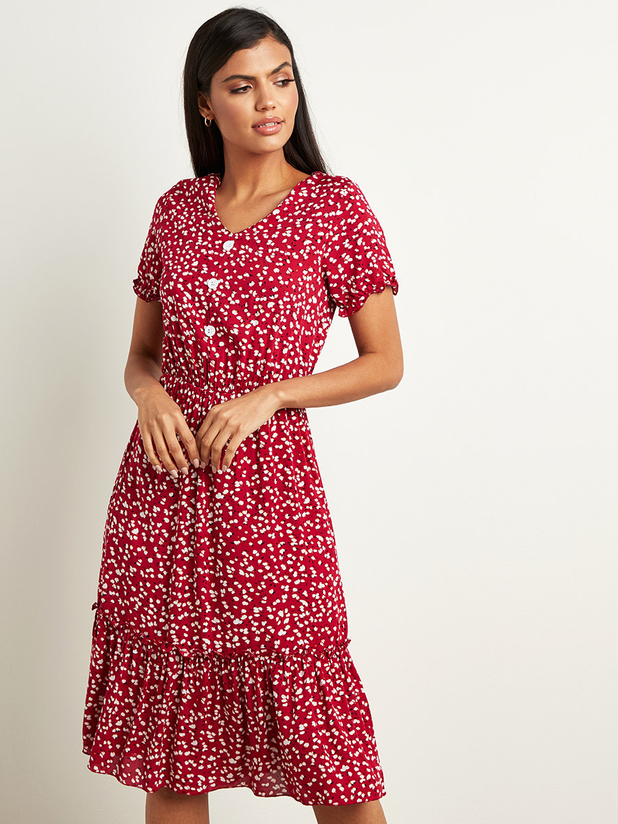 فستان ميدي مطبوع بزهور وأكمام قصييرة من ستايلي-women-clothing-dresses-image-2