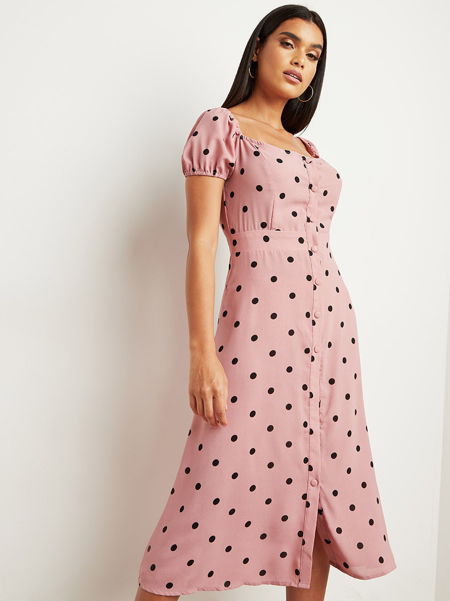 Styli Polka Dot Printed Midi Dress with Button Closure-women-clothing-dresses-image-1