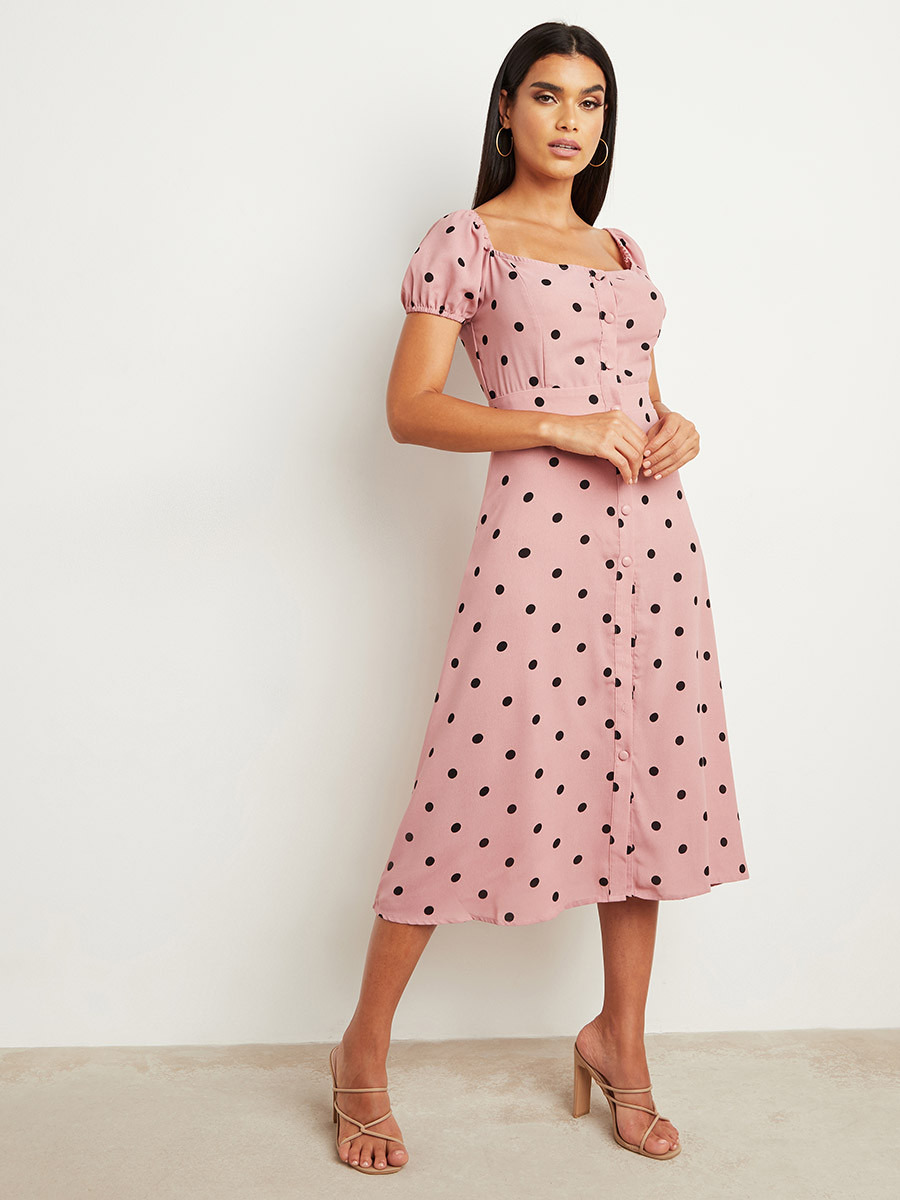 Styli Polka Dot Printed Midi Dress with Button Closure-women-clothing-dresses-image-2