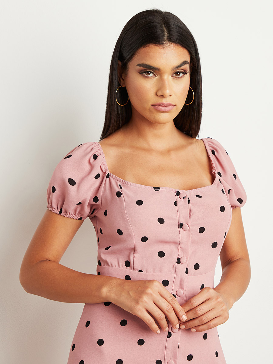 Styli Polka Dot Printed Midi Dress with Button Closure-women-clothing-dresses-image-3