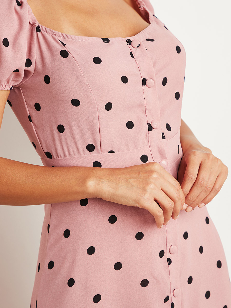 Styli Polka Dot Printed Midi Dress with Button Closure-women-clothing-dresses-image-4