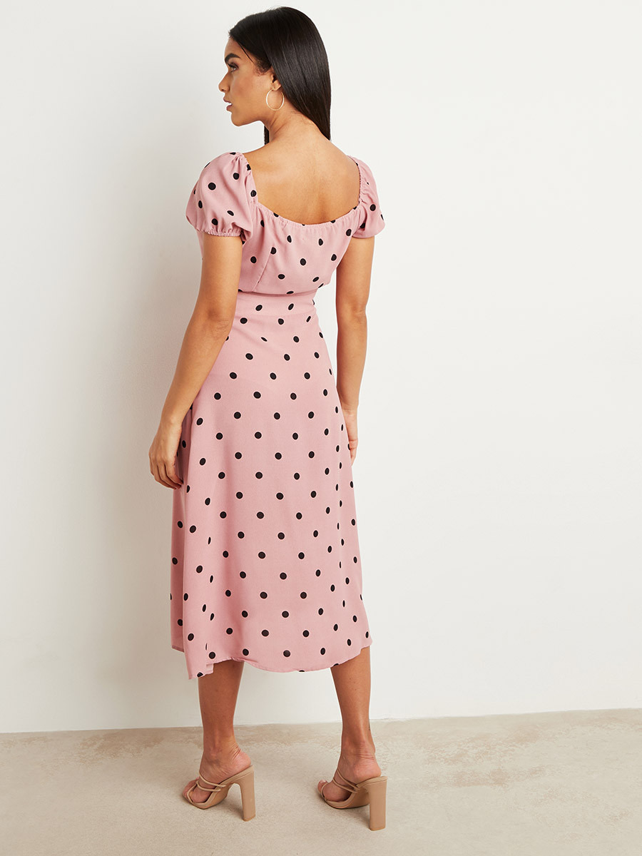 Styli Polka Dot Printed Midi Dress with Button Closure-women-clothing-dresses-image-5