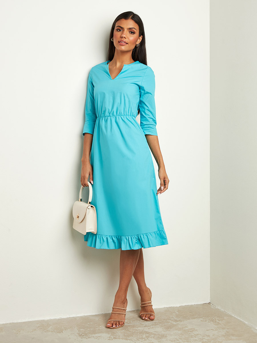 Styli Plain Notch Neck Midi Dress with 3/4 Sleeves-women-clothing-dresses-image-1