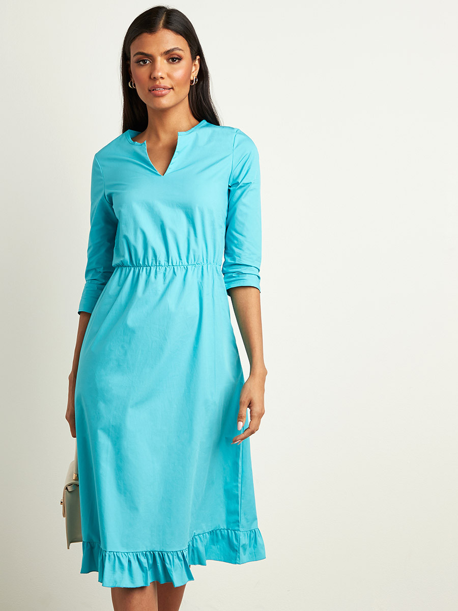 Styli Plain Notch Neck Midi Dress with 3/4 Sleeves-women-clothing-dresses-image-4