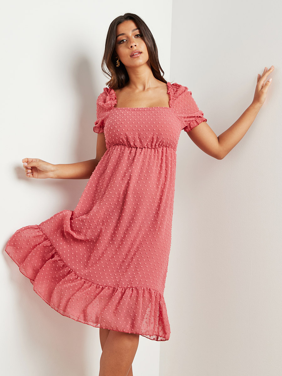 Styli Plain Puff Sleeves Dobby Midi Dress-women-clothing-dresses-image-1