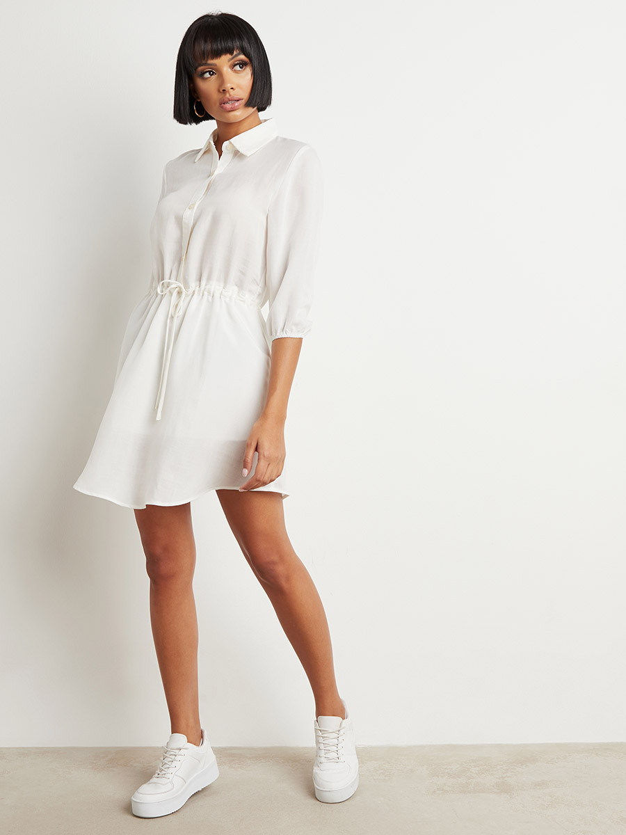 Styli Solid Waist Tie Up Shirt Dress with 3/4 Sleeves-women-clothing-dresses-image-1