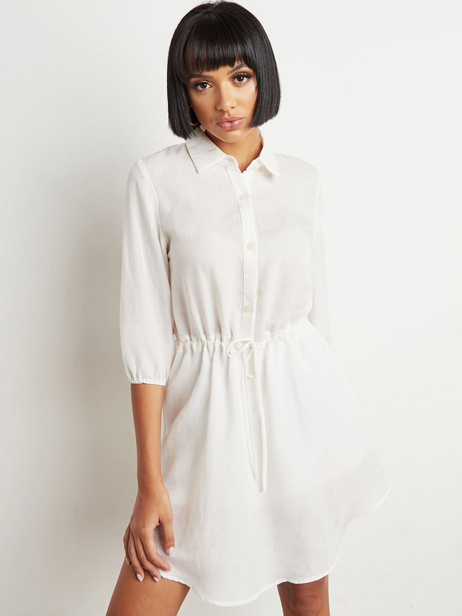 Styli Solid Waist Tie Up Shirt Dress with 3/4 Sleeves-women-clothing-dresses-image-2