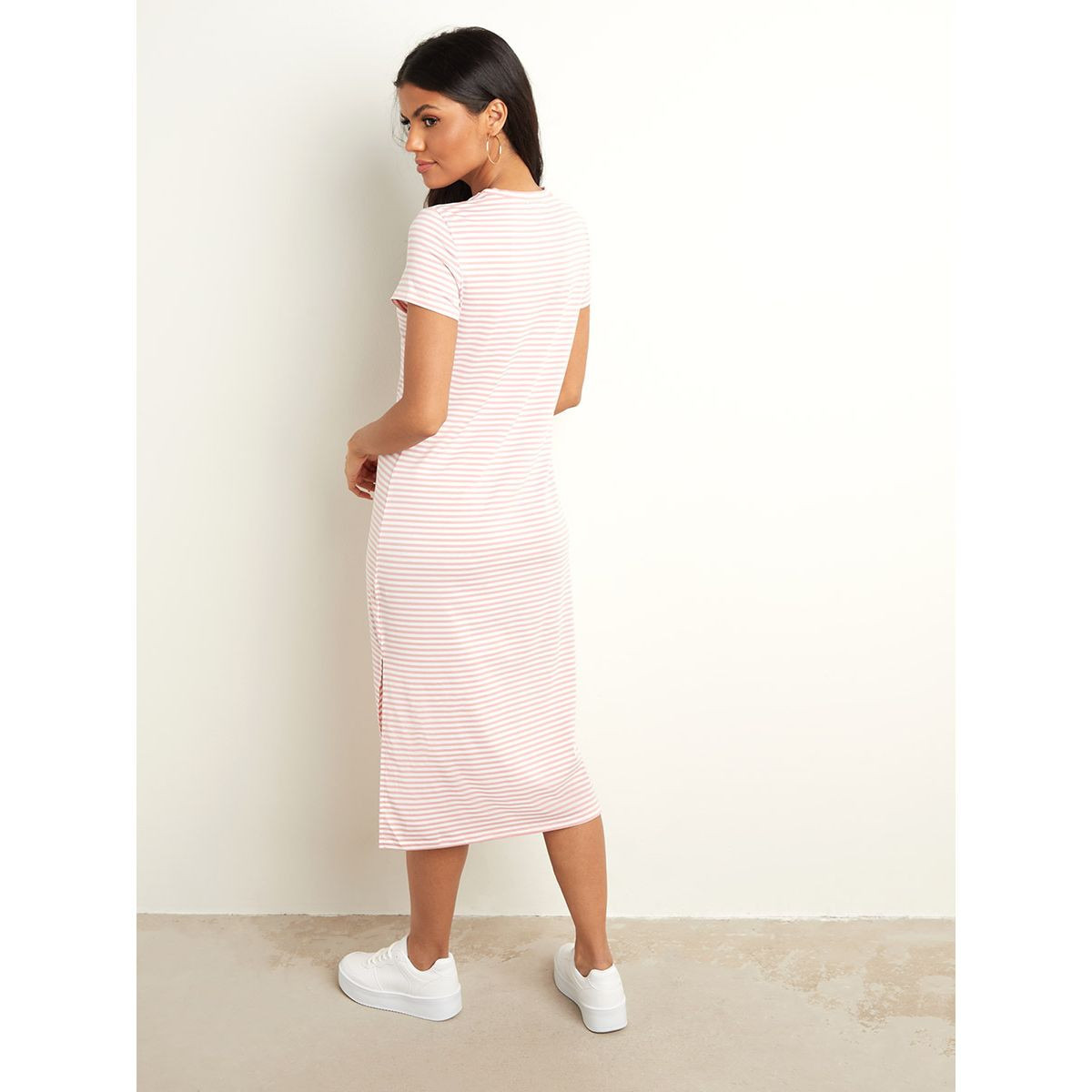 Styli Striped Round Neck T-shirt Midi Dress with Side Slit Detail-women-clothing-dresses-image-3