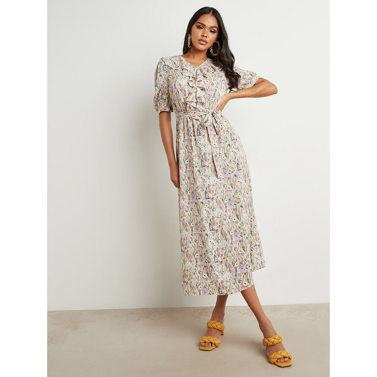 Styli Frill Detail Floral Printed Midi Dress with Tie Belt-women-clothing-dresses-image-1