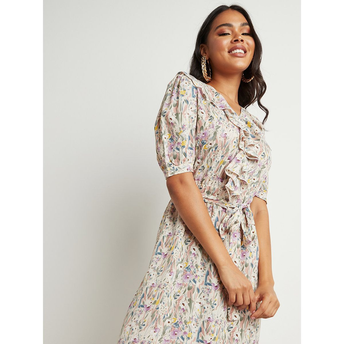 Styli Frill Detail Floral Printed Midi Dress with Tie Belt-women-clothing-dresses-image-2