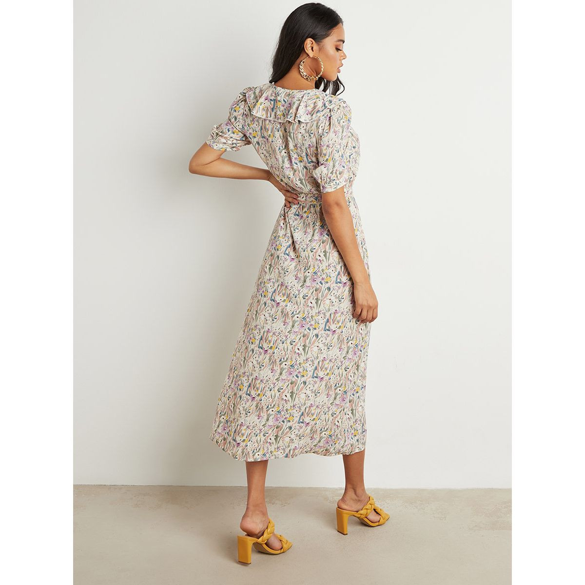 Styli Frill Detail Floral Printed Midi Dress with Tie Belt-women-clothing-dresses-image-4