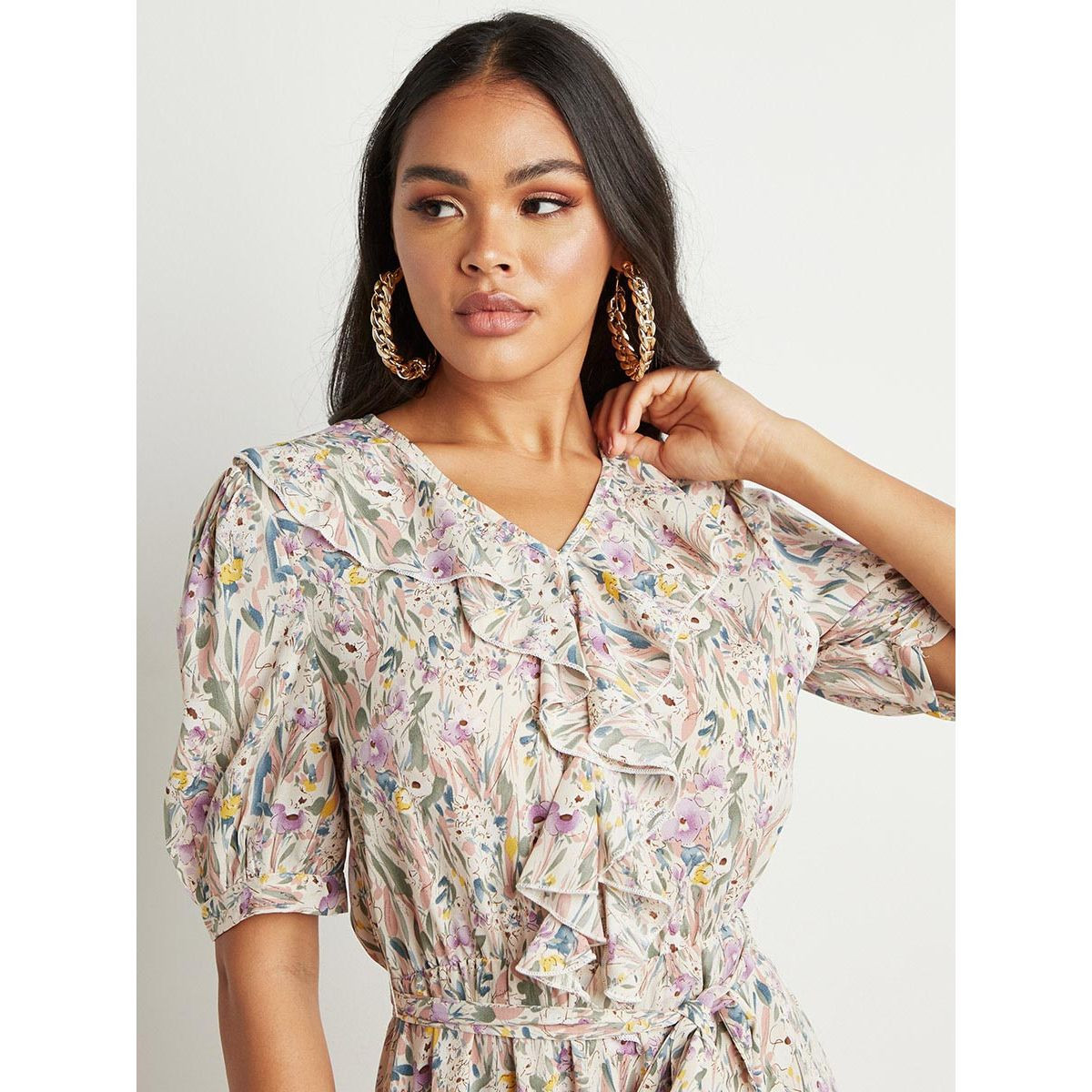 Styli Frill Detail Floral Printed Midi Dress with Tie Belt-women-clothing-dresses-image-5