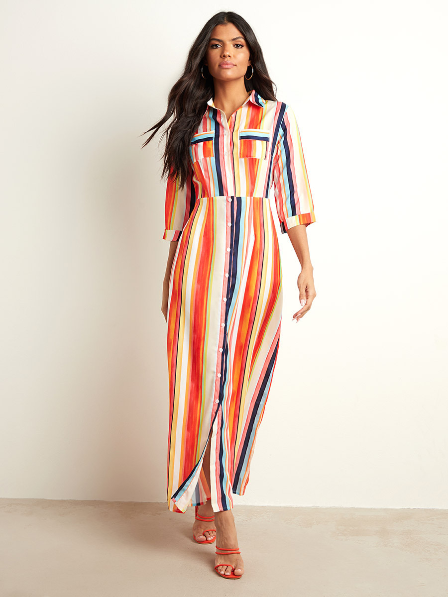 Styli Striped Shirt Maxi Dress with Button Closure-women-clothing-dresses-image-1