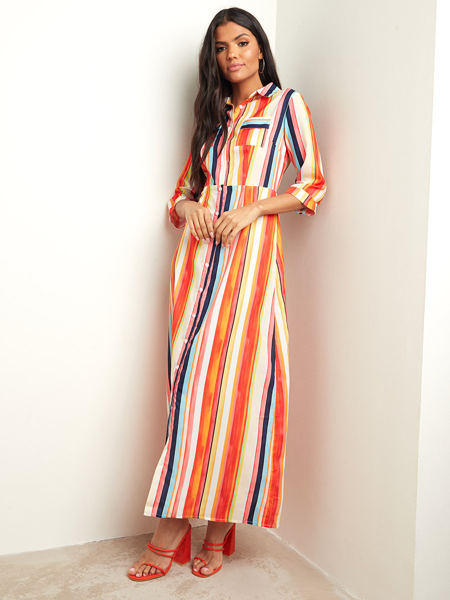Styli Striped Shirt Maxi Dress with Button Closure-women-clothing-dresses-image-3