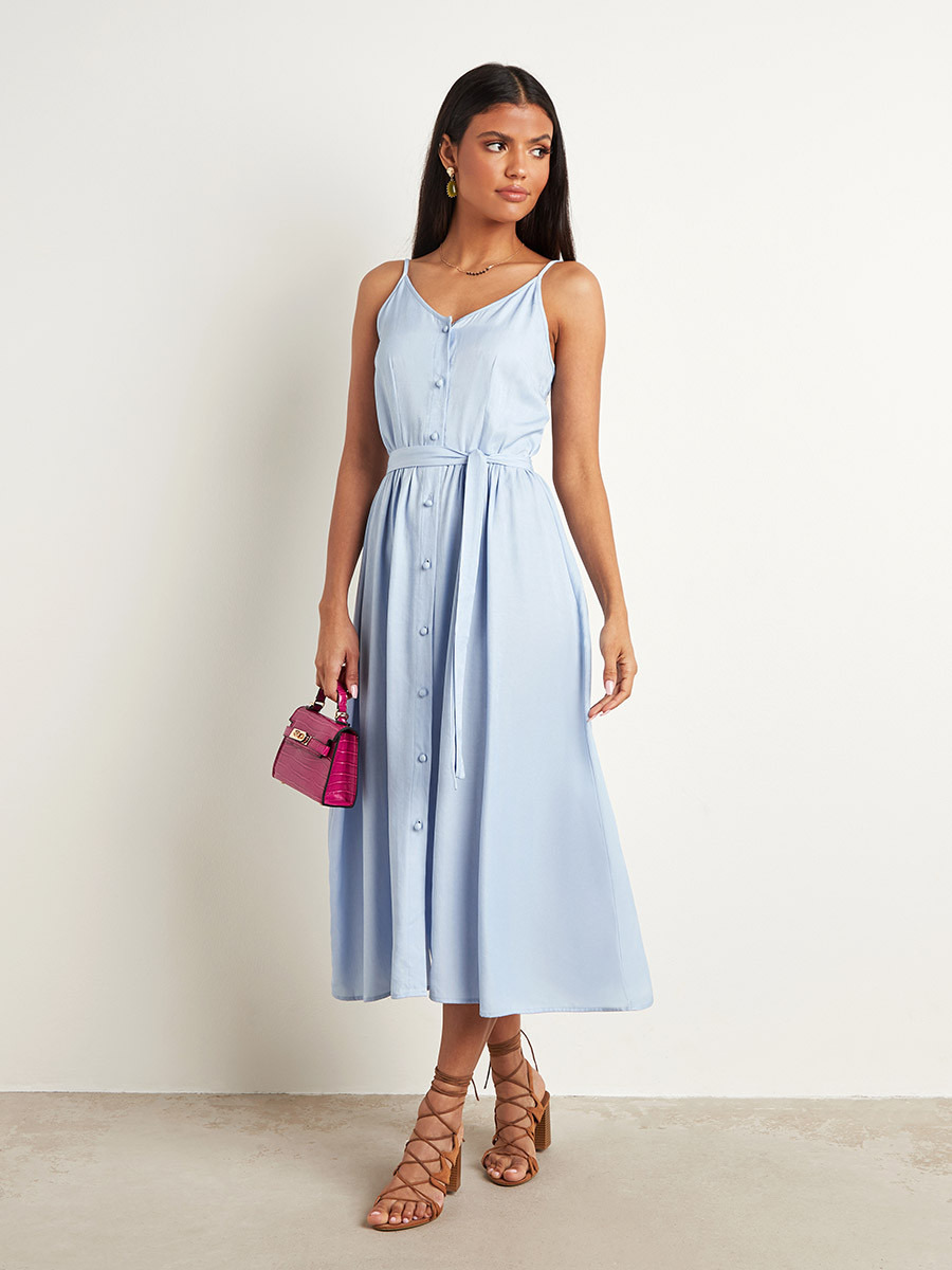 Styli Strappy Tie Belt A-Line Midi Dress with Button Closure-women-clothing-dresses-image-1