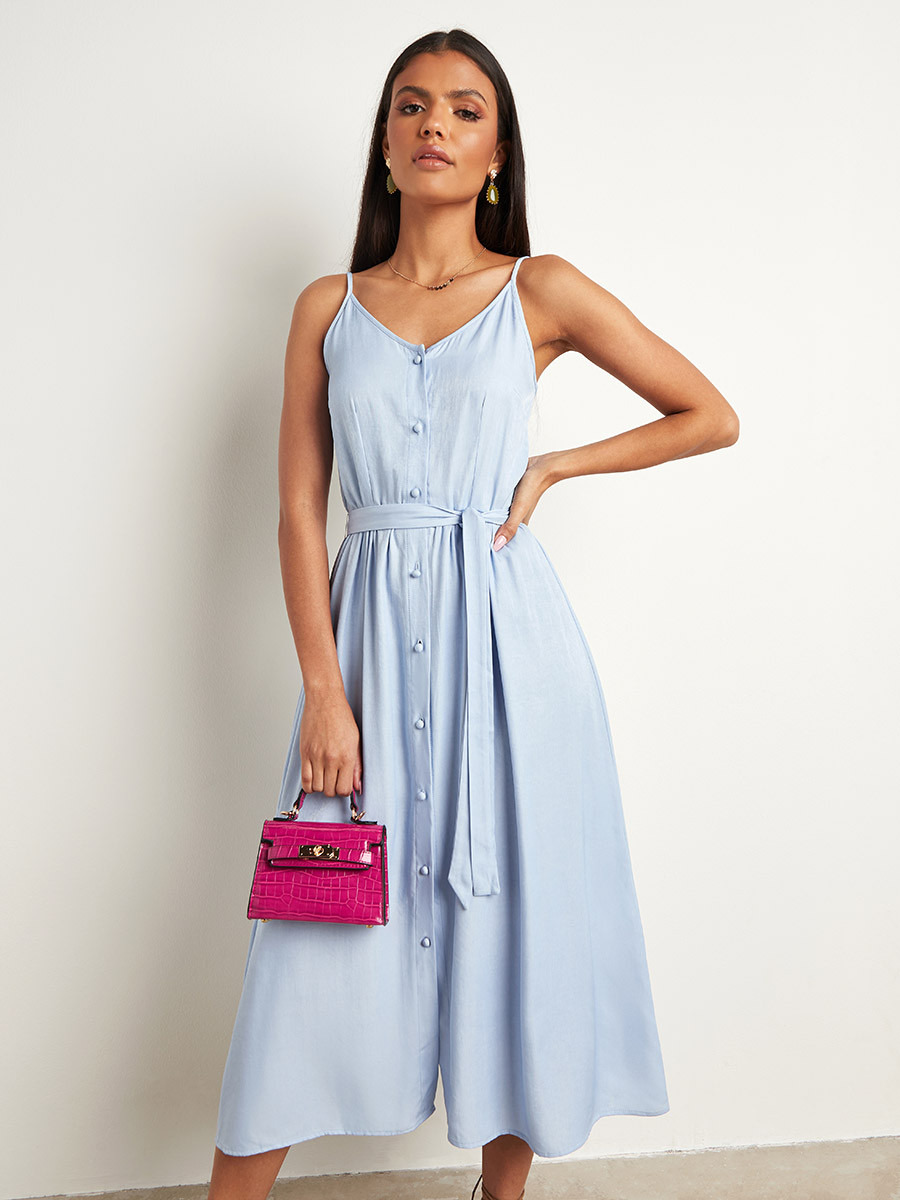 Styli Strappy Tie Belt A-Line Midi Dress with Button Closure-women-clothing-dresses-image-2