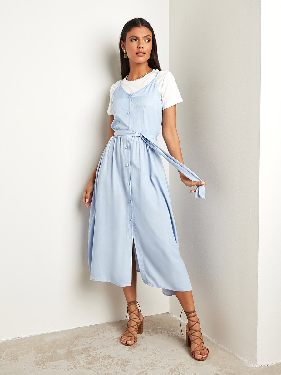 Styli Strappy Tie Belt A-Line Midi Dress with Button Closure-women-clothing-dresses-image-5