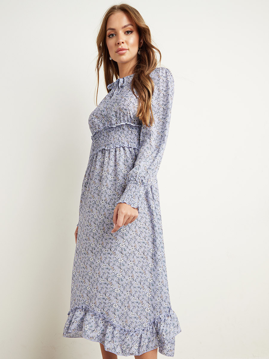 Styli Floral Printed Tie-Up Neck Midi Dress with Shirred Waist-women-clothing-dresses-image-1