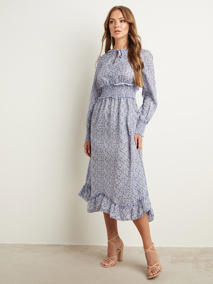 Styli Floral Printed Tie-Up Neck Midi Dress with Shirred Waist-women-clothing-dresses-image-4