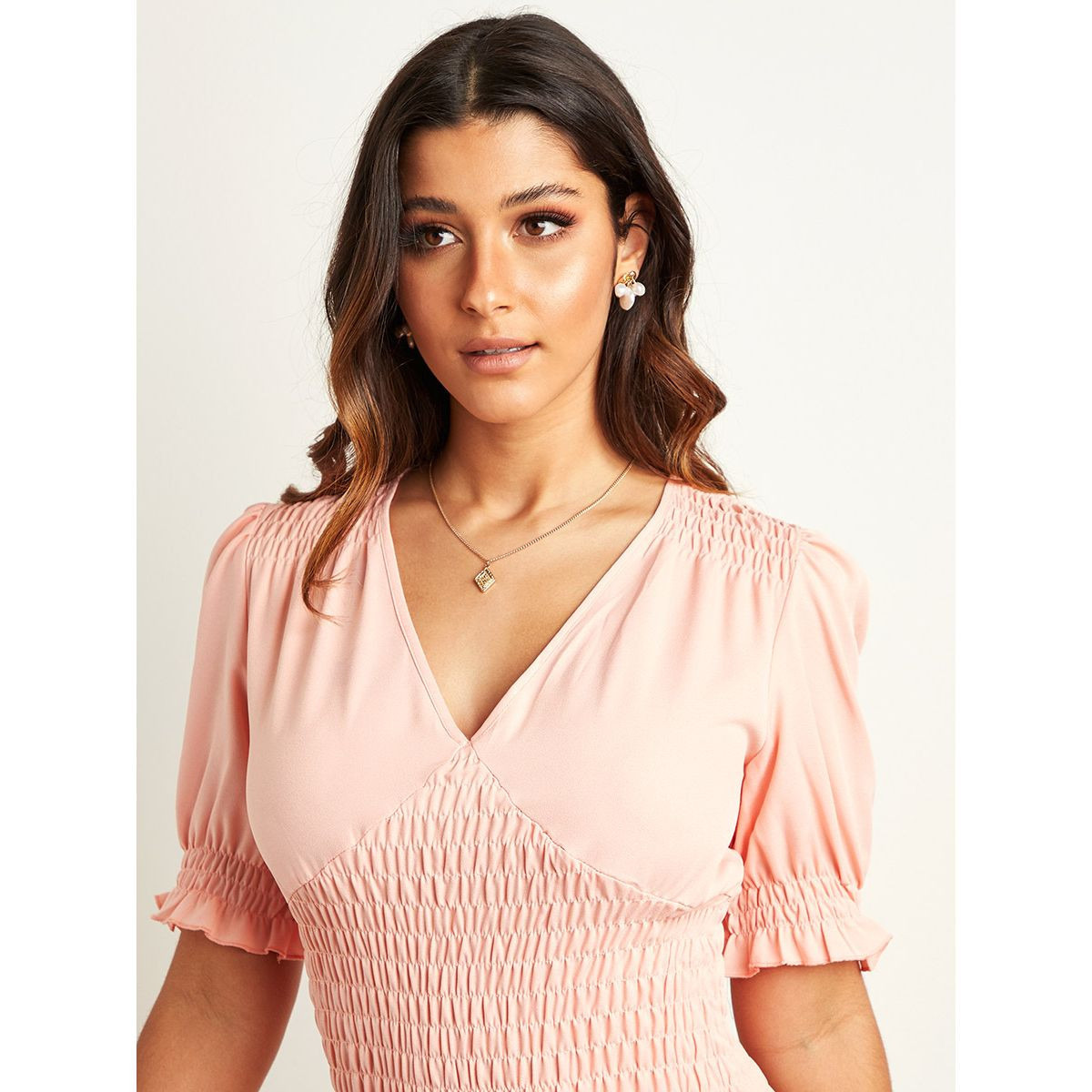 Styli Solid V Neck Shirred Bodycon Mini Dress-women-clothing-dresses-image-3