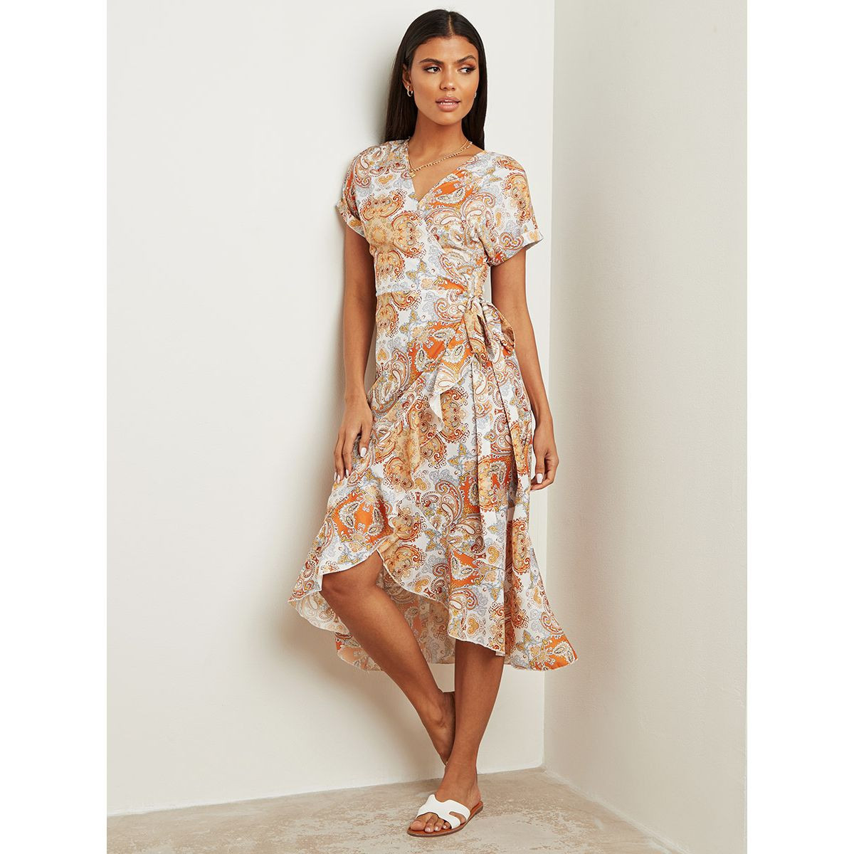 Styli Paisley Print V Neck Wrap Style Midi Dress-women-clothing-dresses-image-1