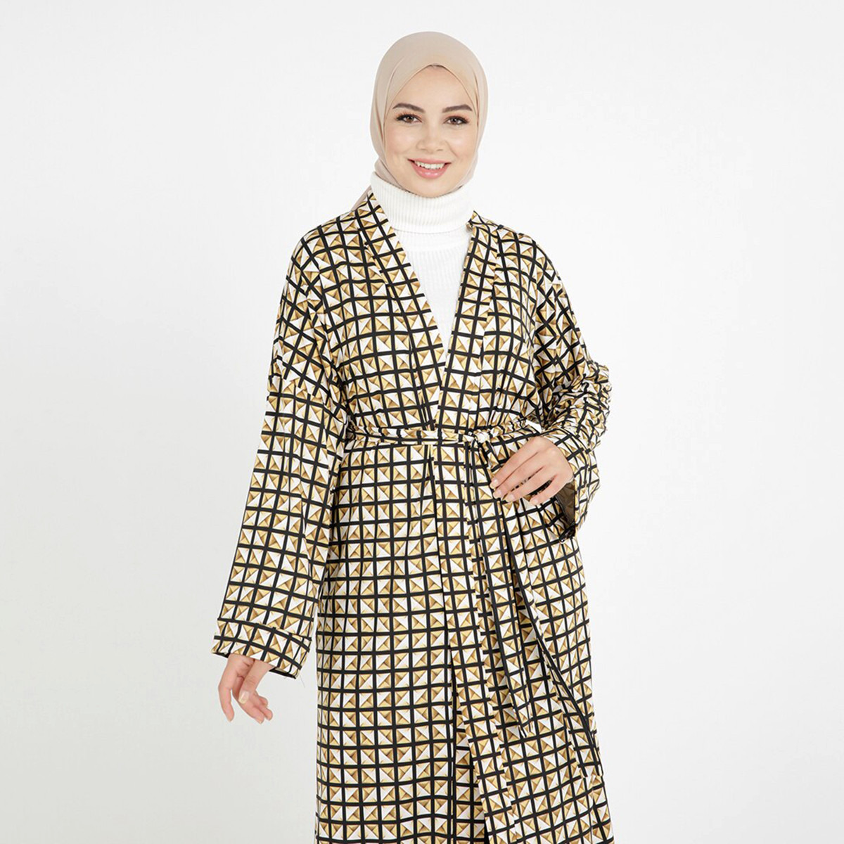 Modanisa Women Yellow Checked V-Neck Tie Front Abaya-women-arabicclothing-abayas-image-3