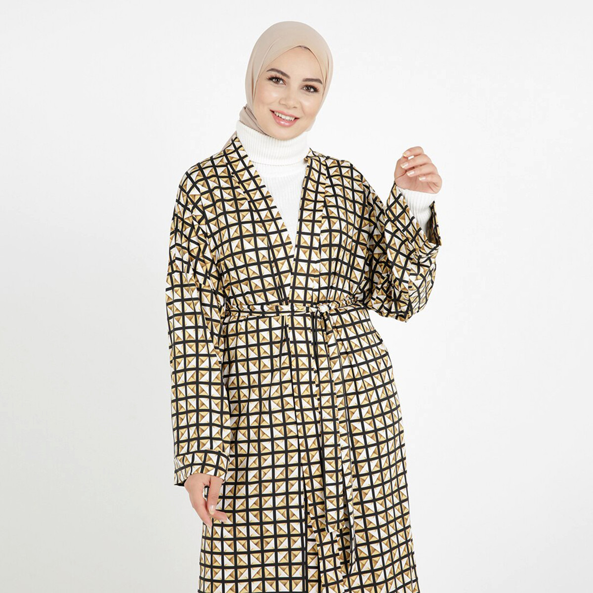 Modanisa Women Yellow Checked V-Neck Tie Front Abaya-women-arabicclothing-abayas-image-4
