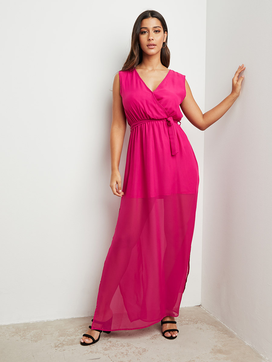 فستان طويل بربطة خصر وبلا أكمام من ستايلي-women-clothing-dresses-image-1