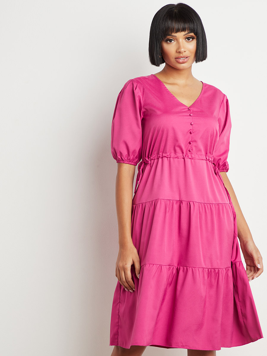 Styli Ruched Side Panel Tiered Midi Dress with V Neck-women-clothing-dresses-image-1