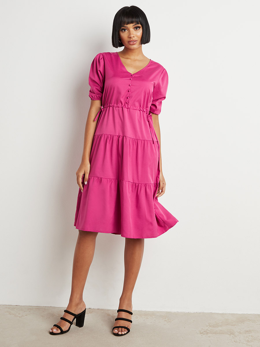 Styli Ruched Side Panel Tiered Midi Dress with V Neck-women-clothing-dresses-image-2