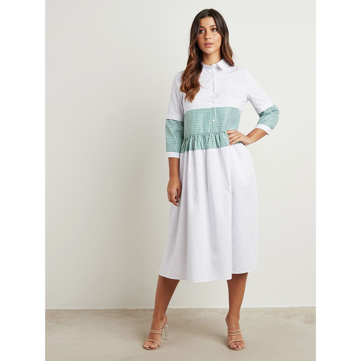 Styli Contrast Checked Midi Shirt Dress with Long Sleeves-women-clothing-dresses-image-1