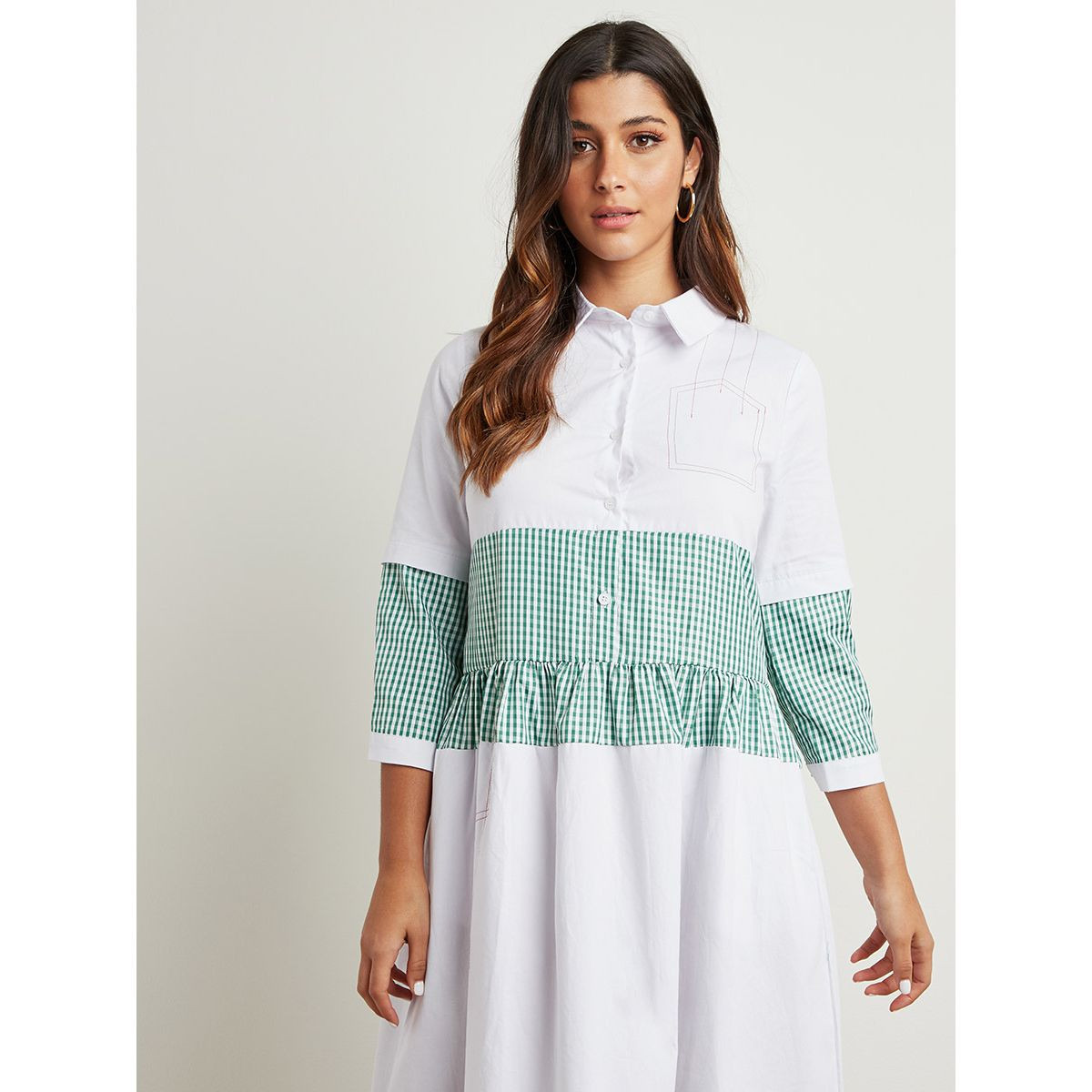 Styli Contrast Checked Midi Shirt Dress with Long Sleeves-women-clothing-dresses-image-2