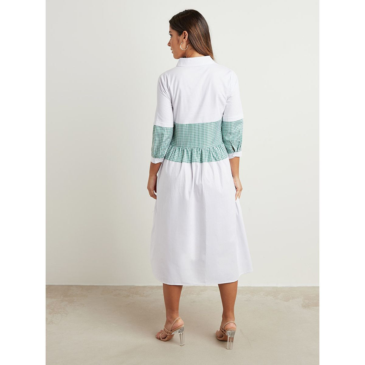 Styli Contrast Checked Midi Shirt Dress with Long Sleeves-women-clothing-dresses-image-3