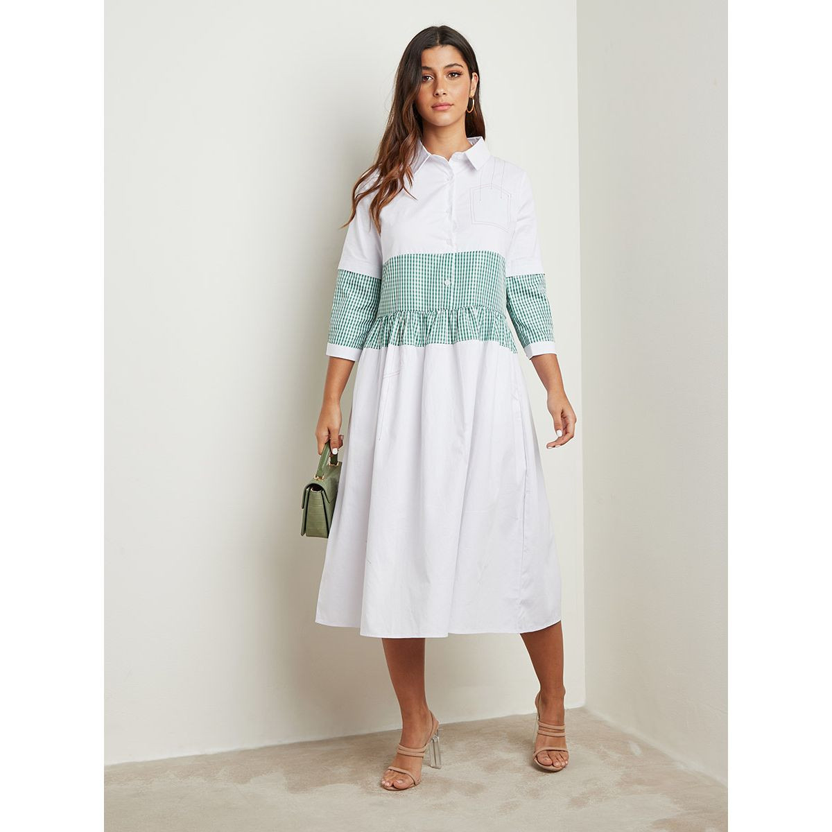 Styli Contrast Checked Midi Shirt Dress with Long Sleeves-women-clothing-dresses-image-4