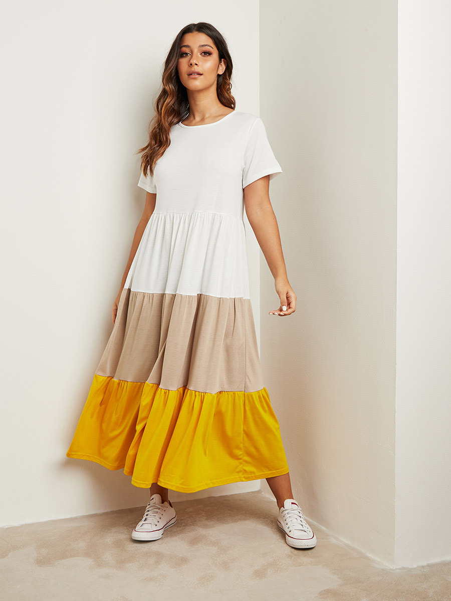 Styli Color Block Maxi T-shirt Dress with Short Sleeves-women-clothing-dresses-image-1