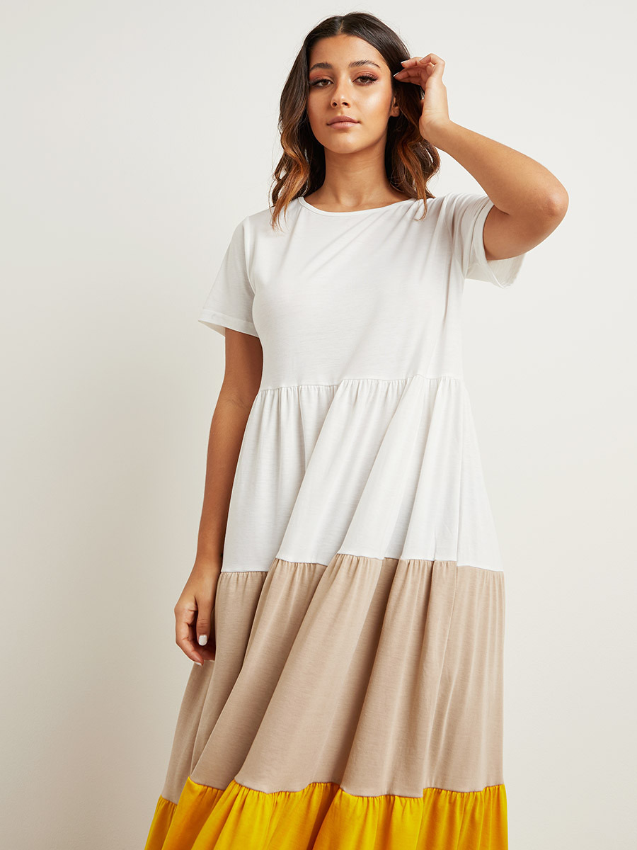 Styli Color Block Maxi T-shirt Dress with Short Sleeves-women-clothing-dresses-image-2