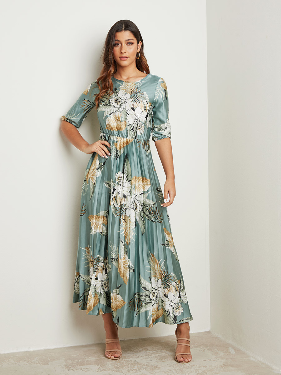 فستان طويل مطبوع بزهور مع كسرات من ستايلي-women-clothing-dresses-image-1