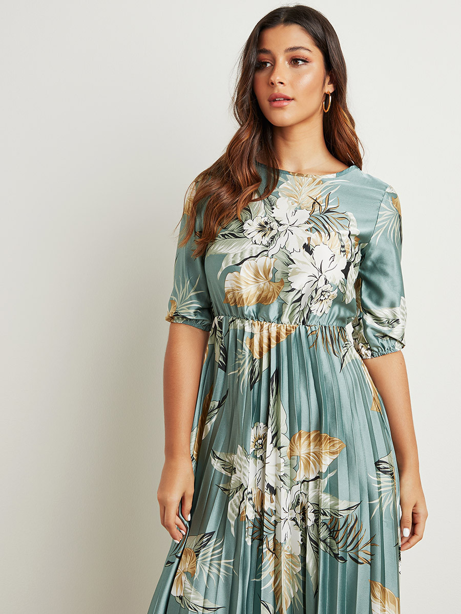فستان طويل مطبوع بزهور مع كسرات من ستايلي-women-clothing-dresses-image-4