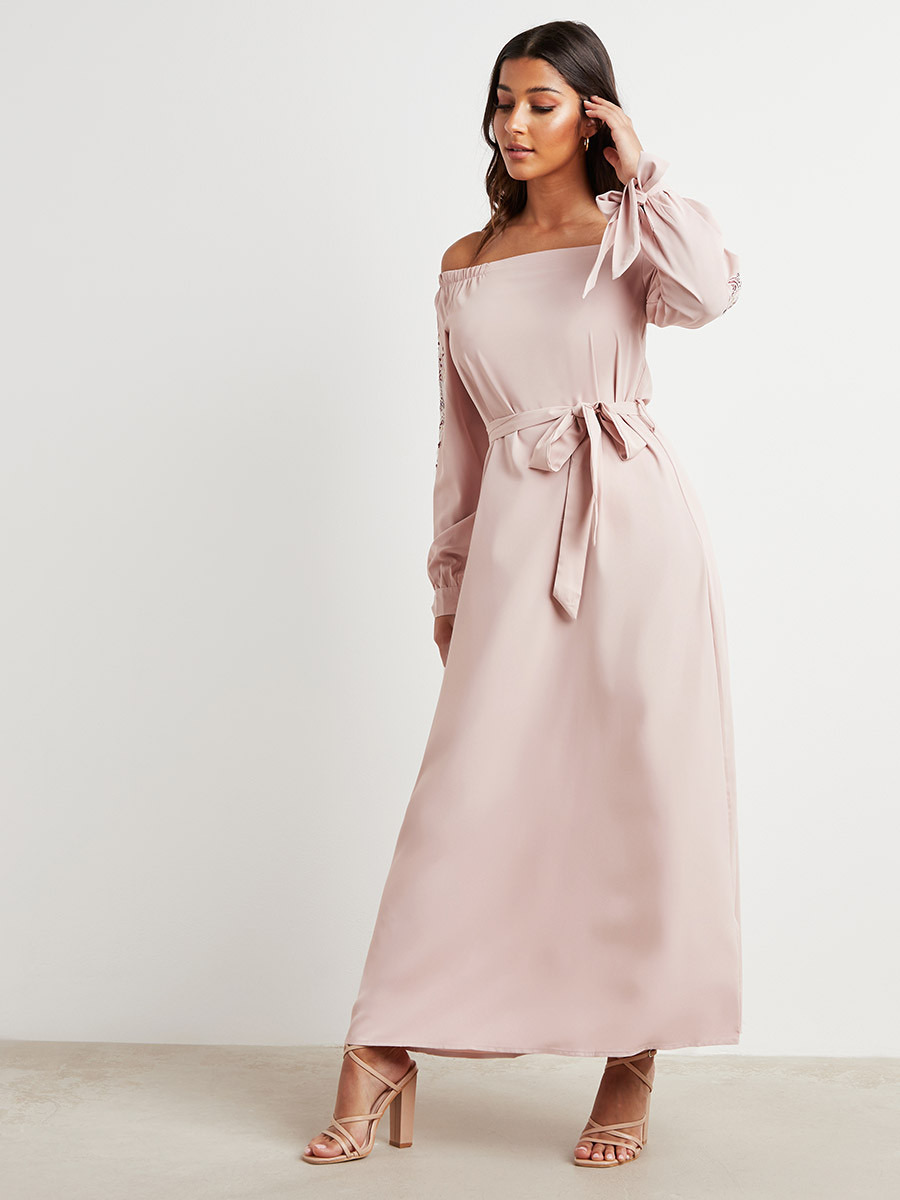 Styli Embroidered Tie Sleeves A-Line Bardot Maxi Dress-women-clothing-dresses-image-1