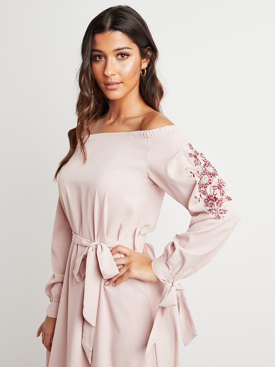 Styli Embroidered Tie Sleeves A-Line Bardot Maxi Dress-women-clothing-dresses-image-2