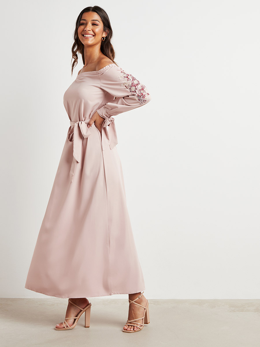 Styli Embroidered Tie Sleeves A-Line Bardot Maxi Dress-women-clothing-dresses-image-3