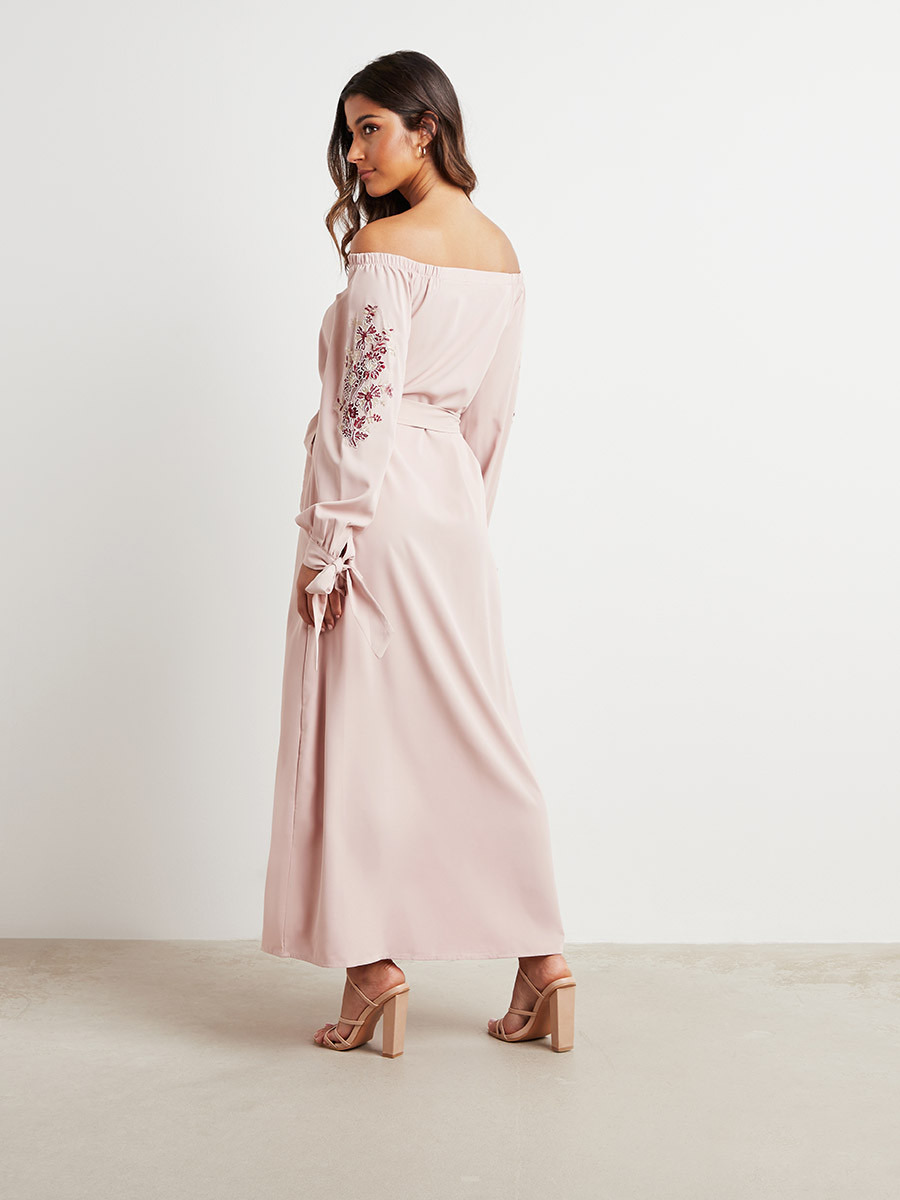 Styli Embroidered Tie Sleeves A-Line Bardot Maxi Dress-women-clothing-dresses-image-4