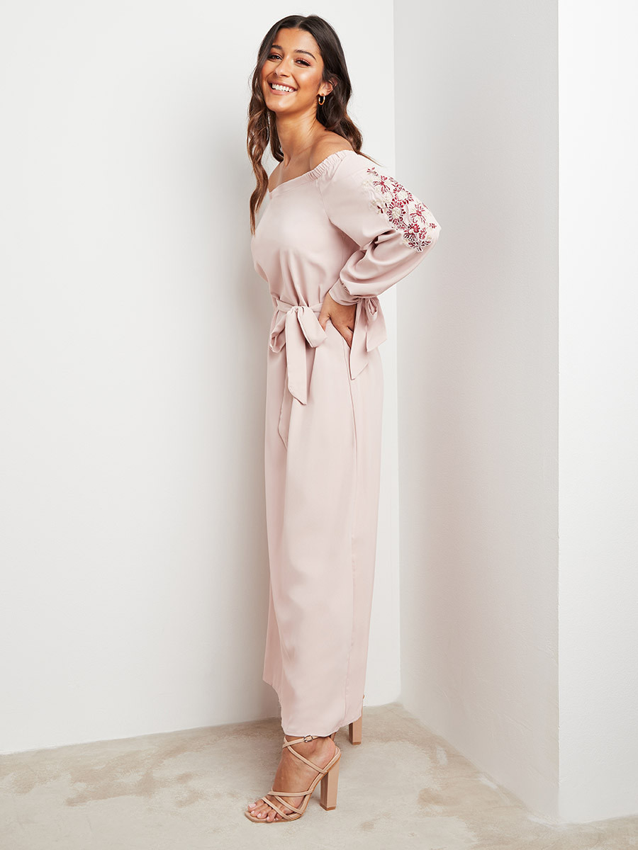 Styli Embroidered Tie Sleeves A-Line Bardot Maxi Dress-women-clothing-dresses-image-5