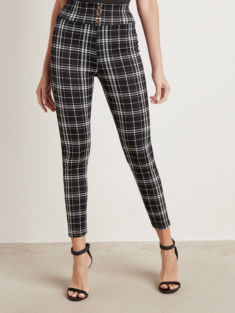 Styli Checked Elasticised Waist Leggings with Button Detail-women-clothing-leggings-image-1