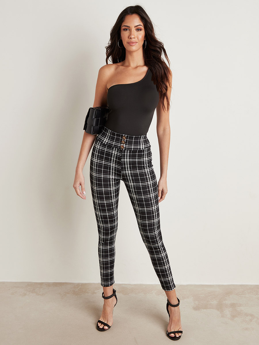 Styli Checked Elasticised Waist Leggings with Button Detail-women-clothing-leggings-image-2
