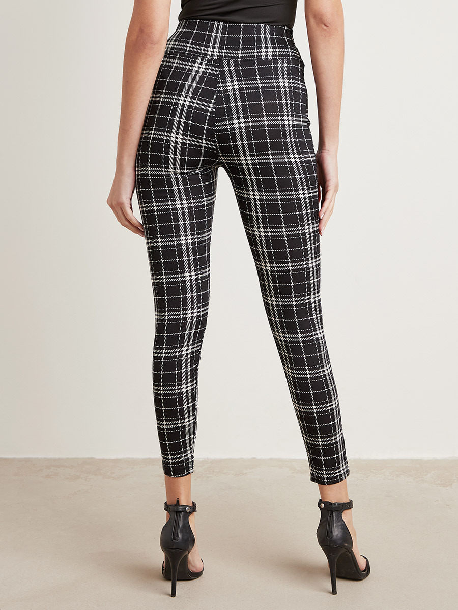 Styli Checked Elasticised Waist Leggings with Button Detail-women-clothing-leggings-image-3