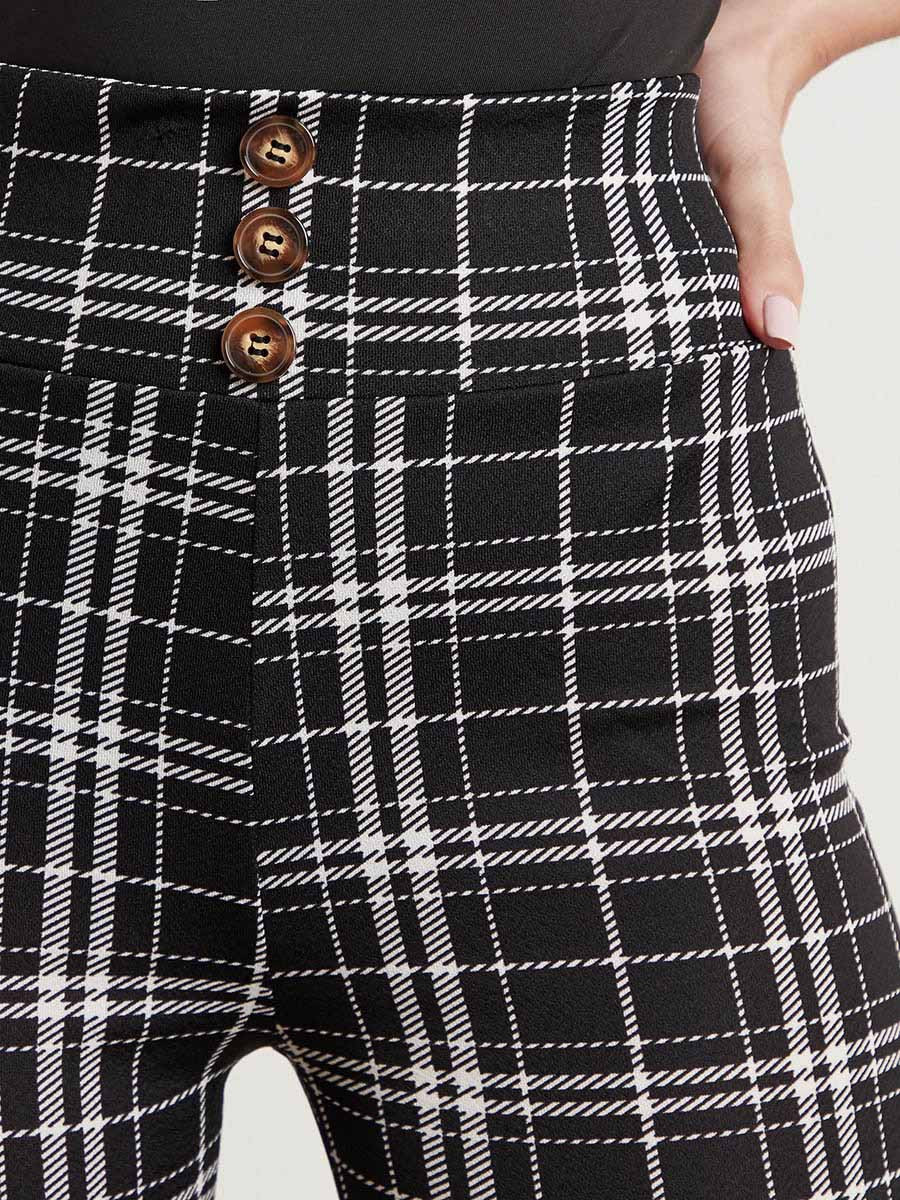 Styli Checked Elasticised Waist Leggings with Button Detail-women-clothing-leggings-image-4