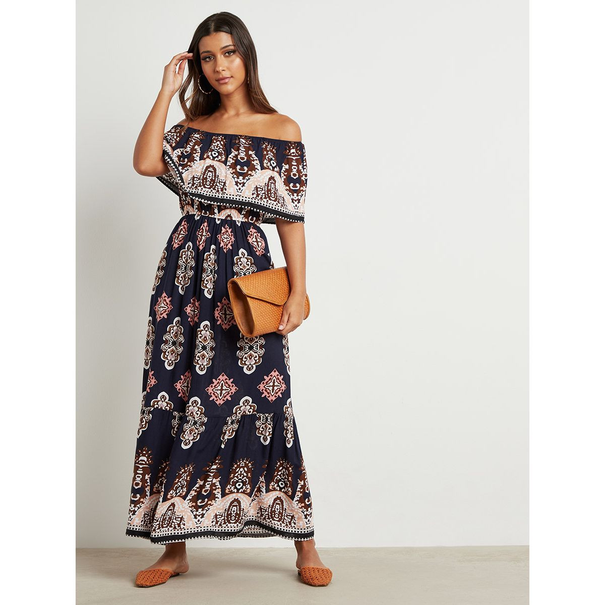 Printed Bardot barbeque Maxi Dress