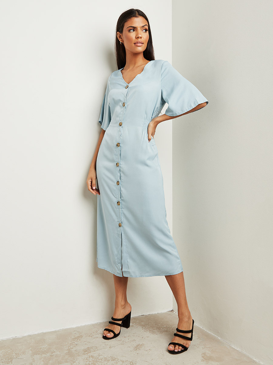 Styli Solid Flare Sleeves A-Line Midi Dress with Button Closure-women-clothing-dresses-image-1