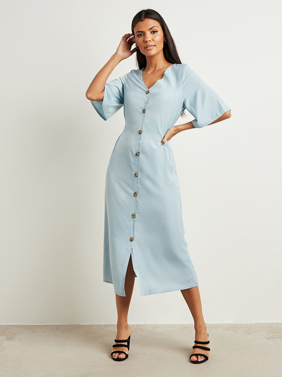 Styli Solid Flare Sleeves A-Line Midi Dress with Button Closure-women-clothing-dresses-image-3